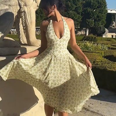 Mujeres de verano de costumbre dulce de viento sin espalda correa de moda con patrón floral corsé falda vestido