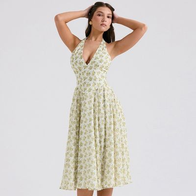 Mujeres de verano de costumbre dulce de viento sin espalda correa de moda con patrón floral corsé falda vestido