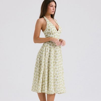 Mujeres de verano de costumbre dulce de viento sin espalda correa de moda con patrón floral corsé falda vestido