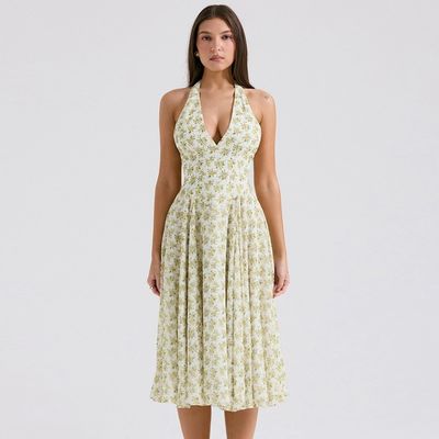 Mujeres de verano de costumbre dulce de viento sin espalda correa de moda con patrón floral corsé falda vestido