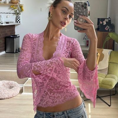 Nuevo sexy profundo V delgado-ajuste todo corto corte de lazos de costumbre manga larga Spice Girl estilo top de encaje