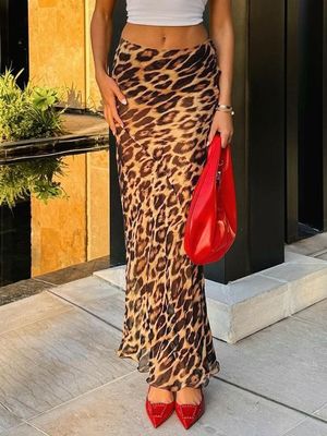 Verano Nueva Moda Sexy Leopardo Impresión Chiffon Fishtail Falda de suelo - Falda de longitud
