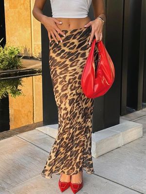 Verano Nueva Moda Sexy Leopardo Impresión Chiffon Fishtail Falda de suelo - Falda de longitud