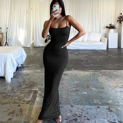 Nueva moda sexy sin espalda de color sólido vestido de correa delgado