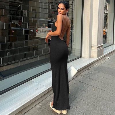 Nueva moda sexy sin espalda de color sólido vestido de correa delgado