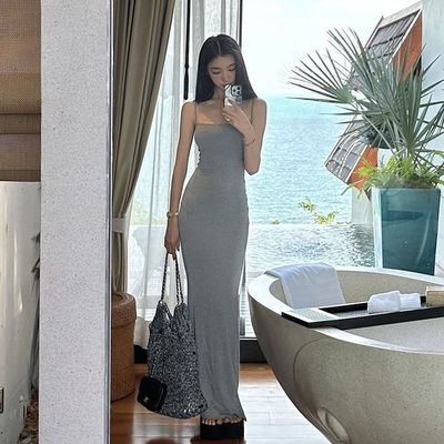 Una línea de cuello correa correa Sexy moda Viento puro Slim cintura cintura vestido largo