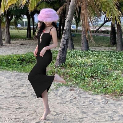 Una línea de cuello correa correa Sexy moda Viento puro Slim cintura cintura vestido largo