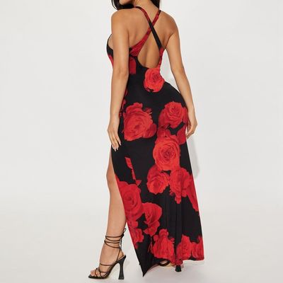 La moda de las mujeres imprime una falda larga Sexy Split Halter Dress