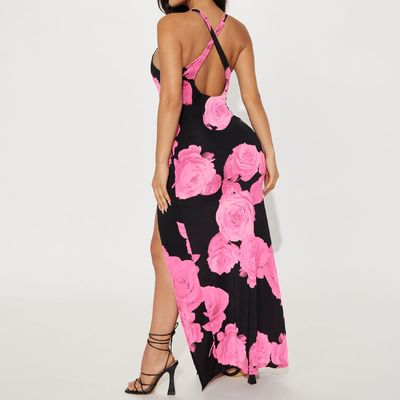 La moda de las mujeres imprime una falda larga Sexy Split Halter Dress
