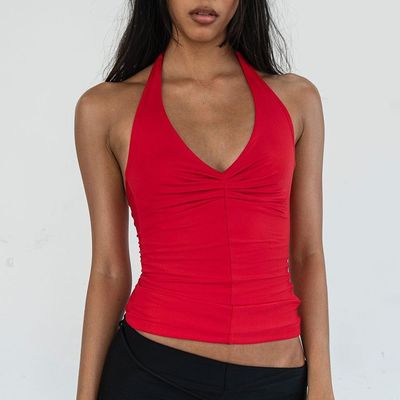 Verano nuevo de color sólido V-cuello correa correa delgada camiseta pequeña superior