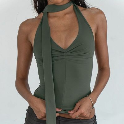 Verano nuevo de color sólido V-cuello correa correa delgada camiseta pequeña superior