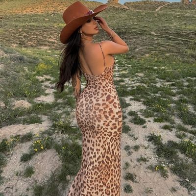 Verano nuevo impresión de moda delgada ajuste dividido sexy correa correa vestido