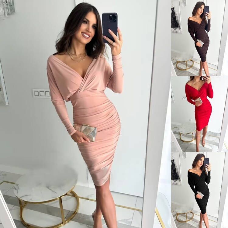 Paquete de moda vestido de cadera manga larga V cuello sexy cintura plegada vestido de la cadera