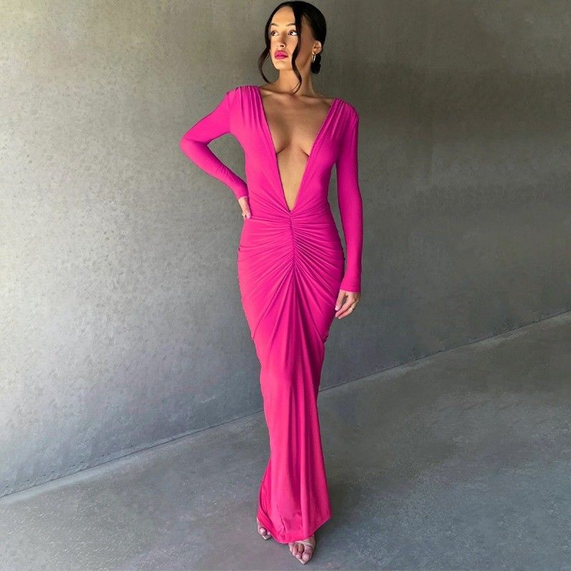 Rosa Rojo Estilizado Vestido de Mujeres Esbelto Sexy Gran V Collar Vestido sin espalda pliegues Color sólido
