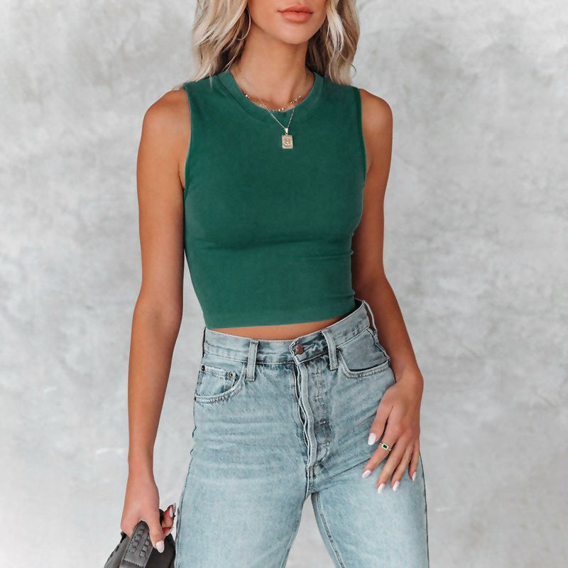 Exquisita camiseta sin mangas de mujer con estilo de color sólido