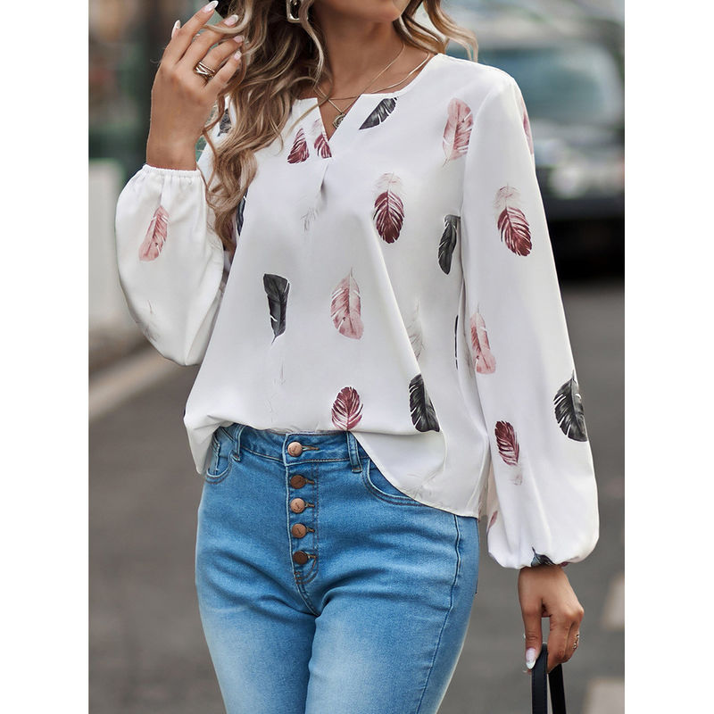 Camiseta de cuello V de plumas de mujer Casual Top de manga larga