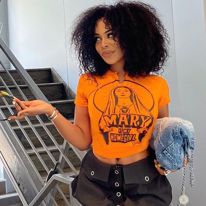 Sexy Monograma Impresión Manga corta Top Sexy Camiseta delgada y ajustada Midriff Hipster Tee