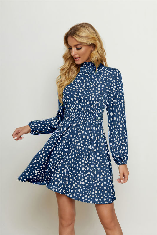 Collar redondo de color floral con estampado vestido de moda mujer linterna con manga larga vestido floral