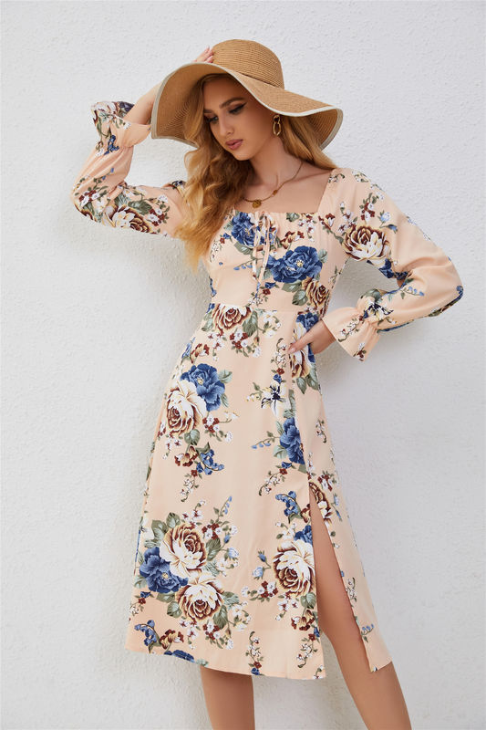 Elegante vestido floral con volantes para mujeres con impresión de moda multicolor