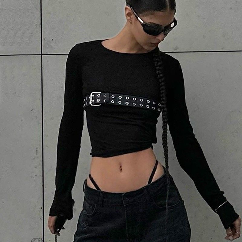 Moda Especias Sexy T-shirts ajustadas cuello redondo delgada camiseta de manga larga patrón sólido