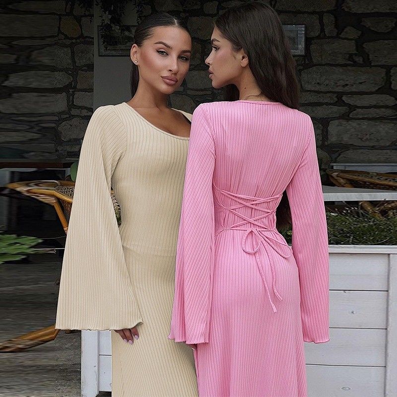 Estilo de manga larga vestido delgado U cuello espalda encaje de color sólido vestidos de manga larga