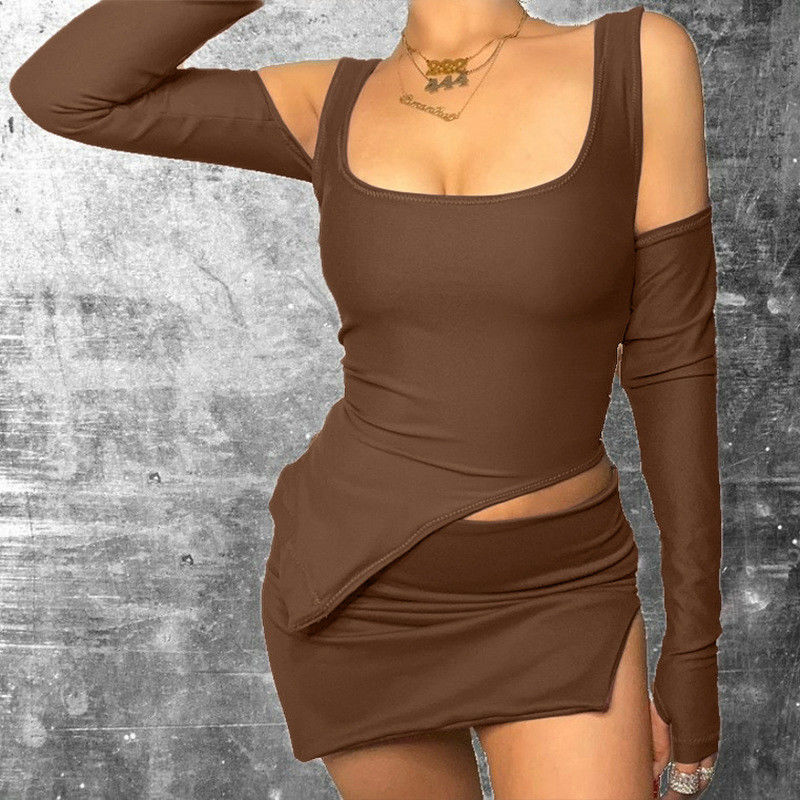 Mujeres Ocio Viajes Sexy Sports Outfits U Neck Slim Split Corta Falda Y Top Set