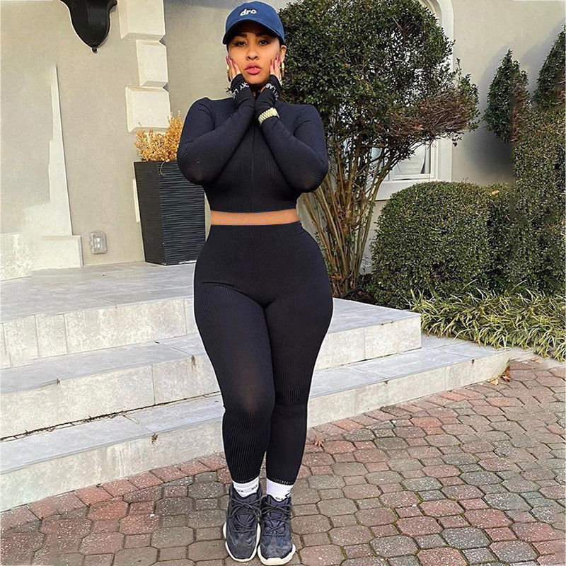 Zipper Deportivo de dos piezas Conjunto de cuello alto de hendidura letra bordada Sexy Gym Wear