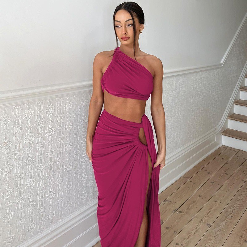 V Cuello Colección de vestidos de manga corta para mujeres Sexy sin espalda sin correas Top Slim Split Skirt Set