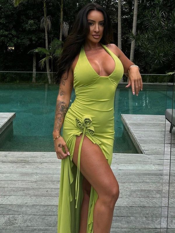 Moda nueva de primavera y verano Sexy de color sólido delgado cintura alta cuello en V vestido de cinturón mujer