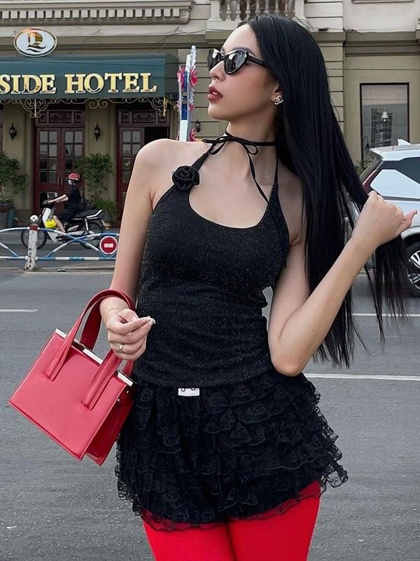 Nueva moda sexy con especias bordadas encaje hasta la correa cintura delgada chaleco de color sólido